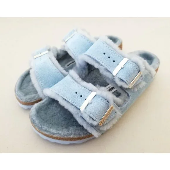 Birkenstock Arizona Shearling Suede Leather in Light Blue Size 36 Narrow - Picture 2 of 5
